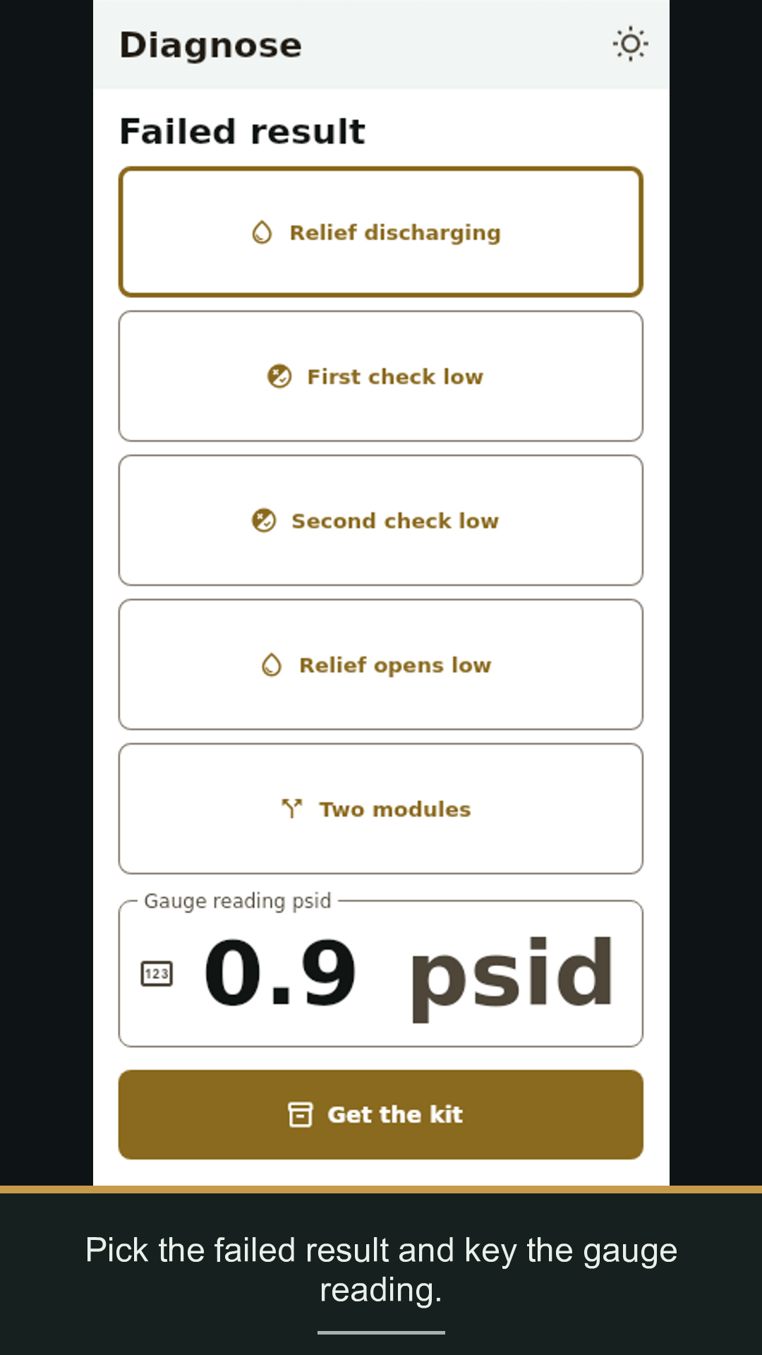 Diagnose screen with failed-result tiles and gauge reading