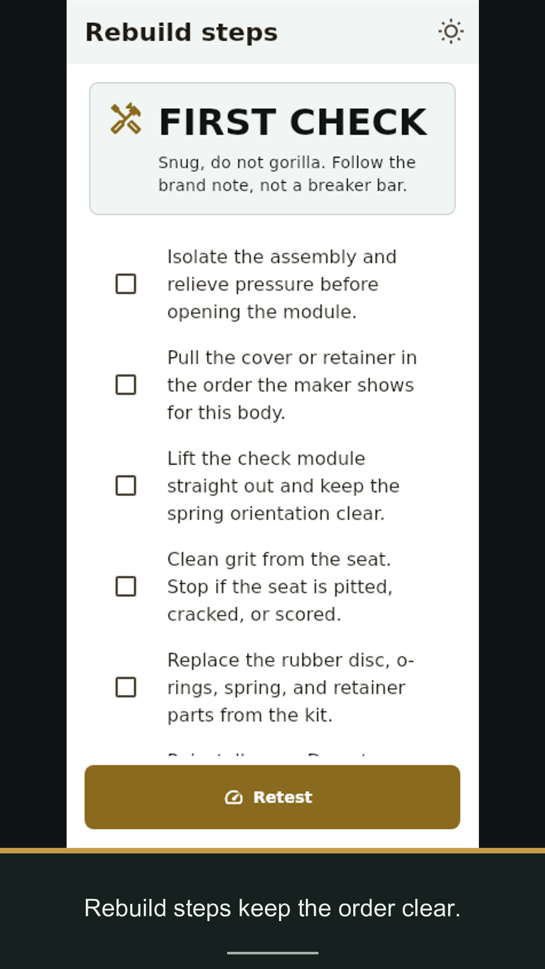 Rebuild steps checklist screen