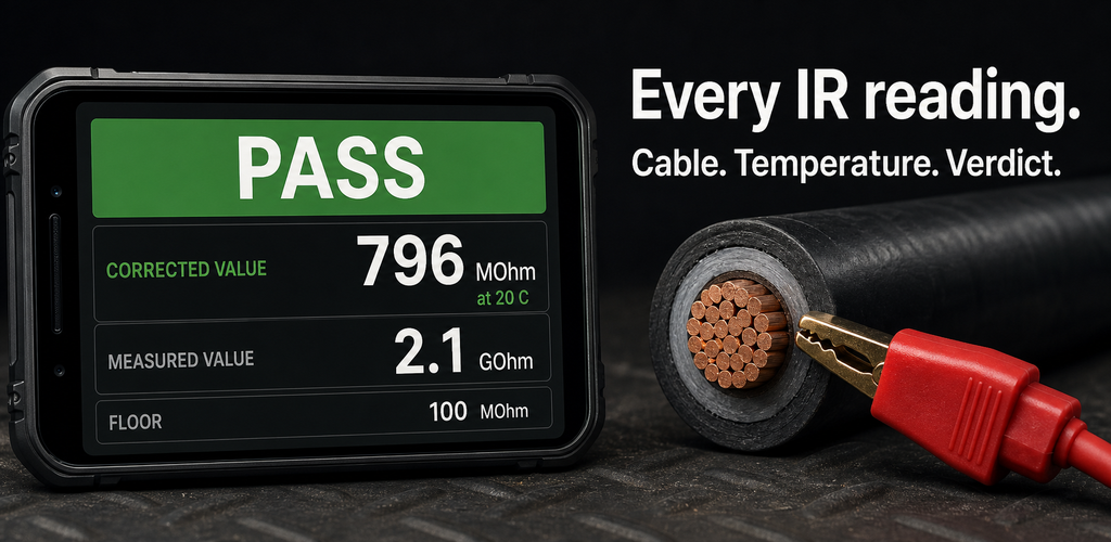 Cable IR Test Record feature graphic showing a phone reading, meter lead, and cable cross-section