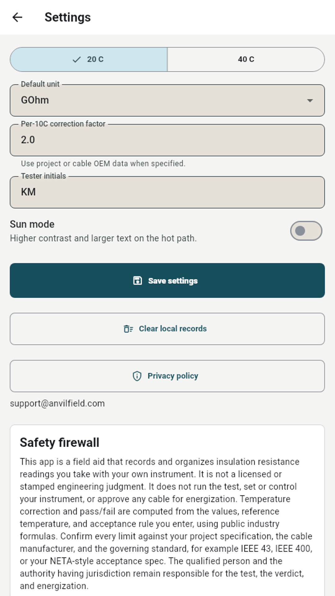 Settings screen