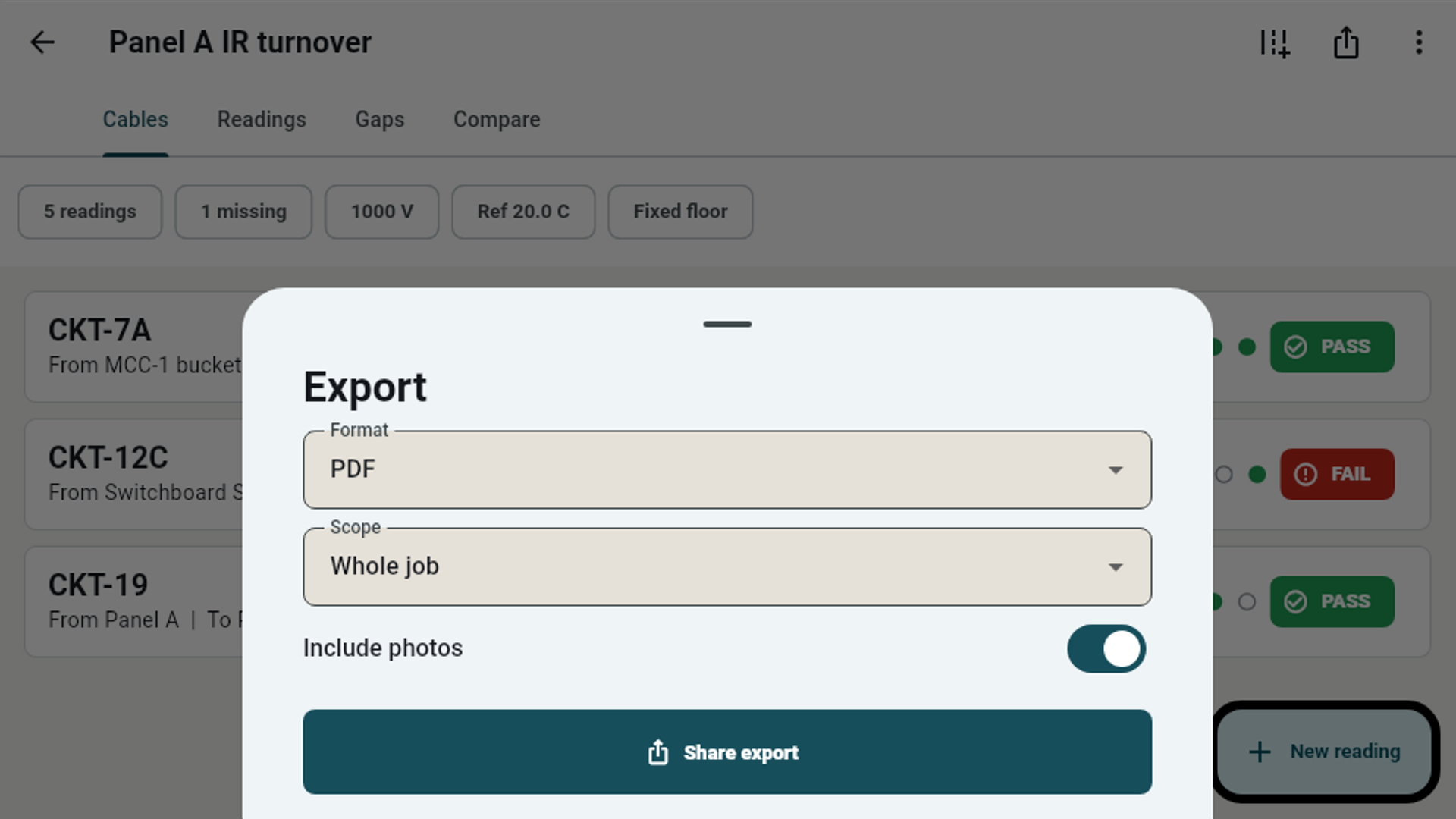 Tablet export sheet