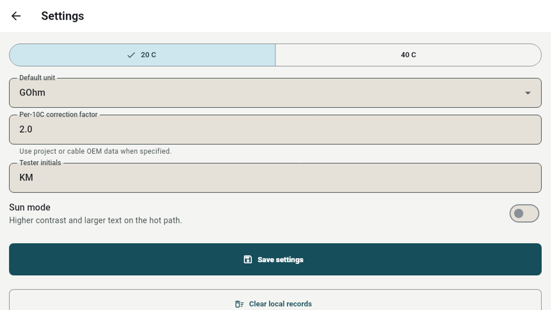 Tablet settings screen