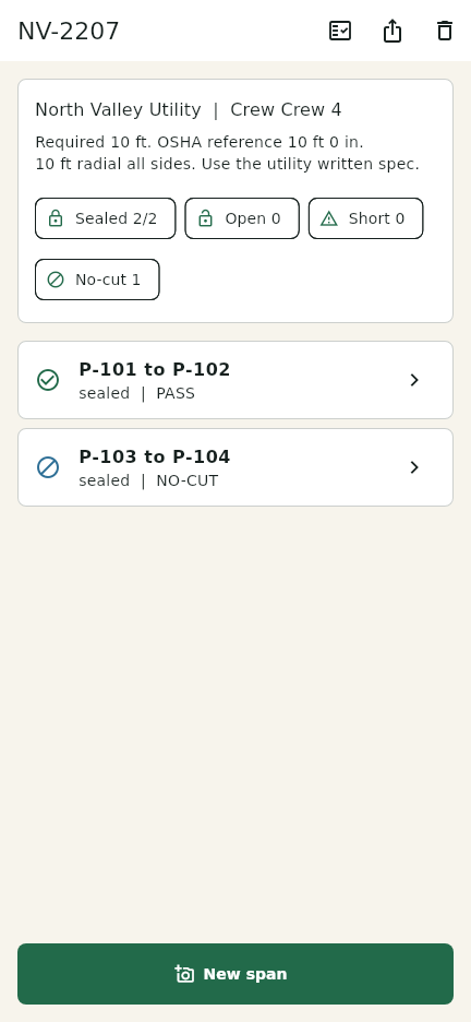 Job detail screen showing span progress and export reminder