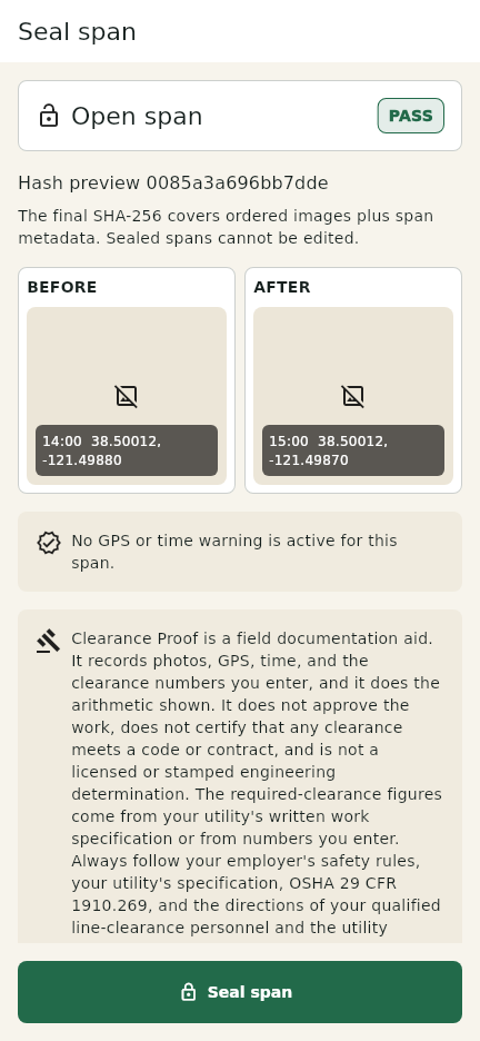 Seal review screen with hash and warning summary