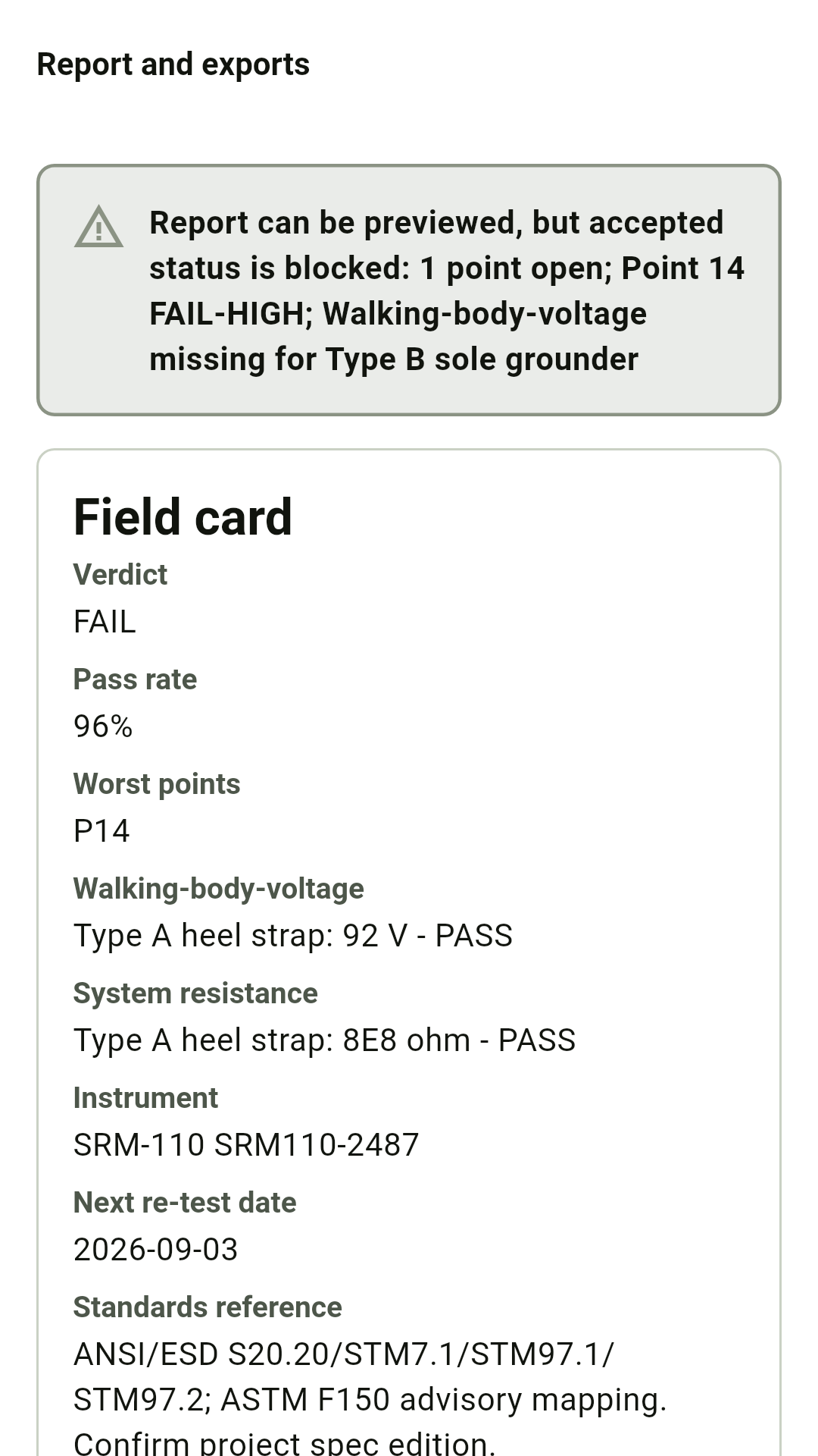 Report preview with field card and standards reference