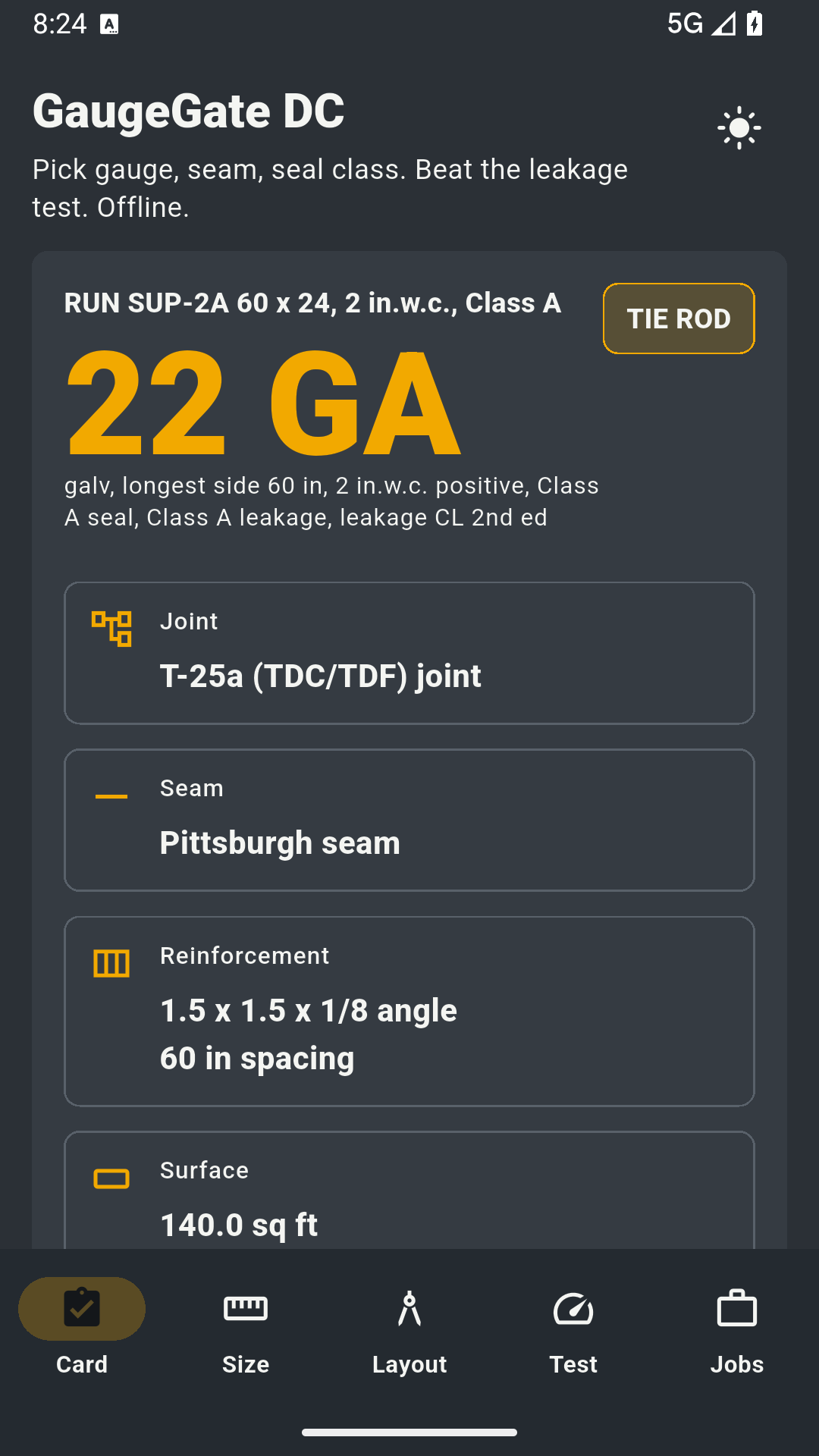 Construction card with gauge, reinforcement, seal class, and allowable leakage