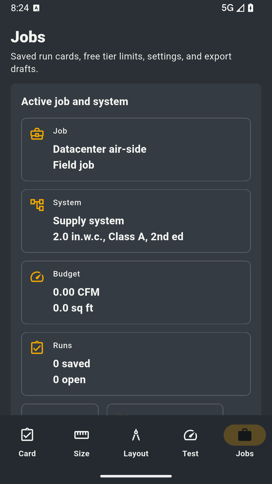 Jobs screen with active job, system, budget, and saved runs
