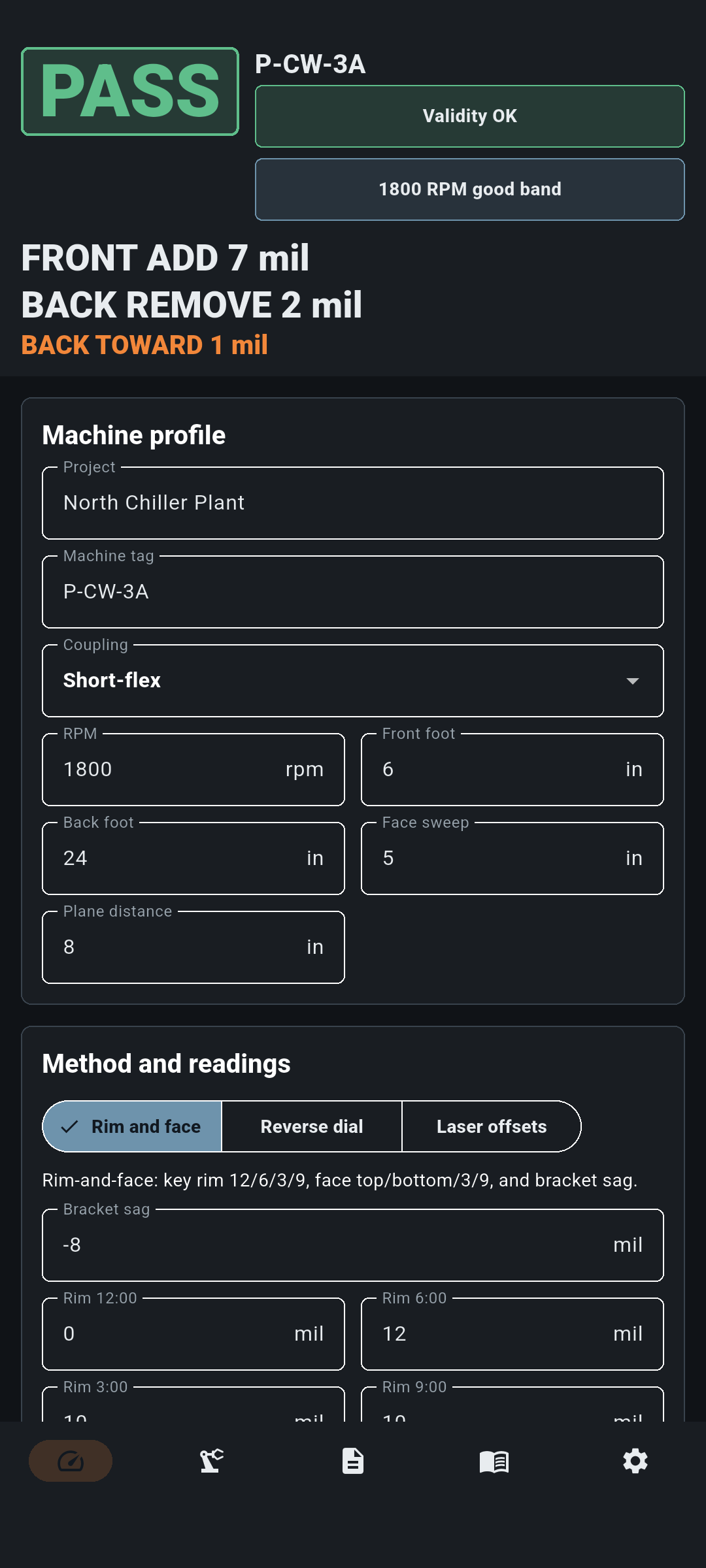 Machine profile and readings form in ShaftLine.