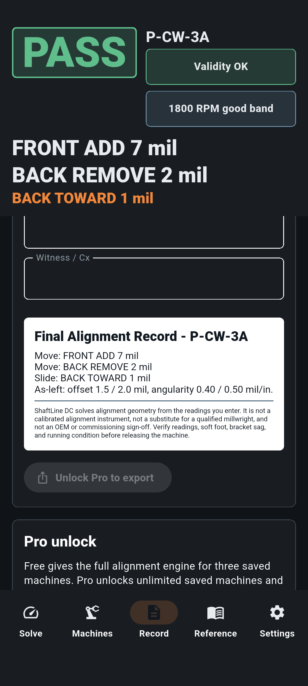Final Alignment Record preview in ShaftLine.