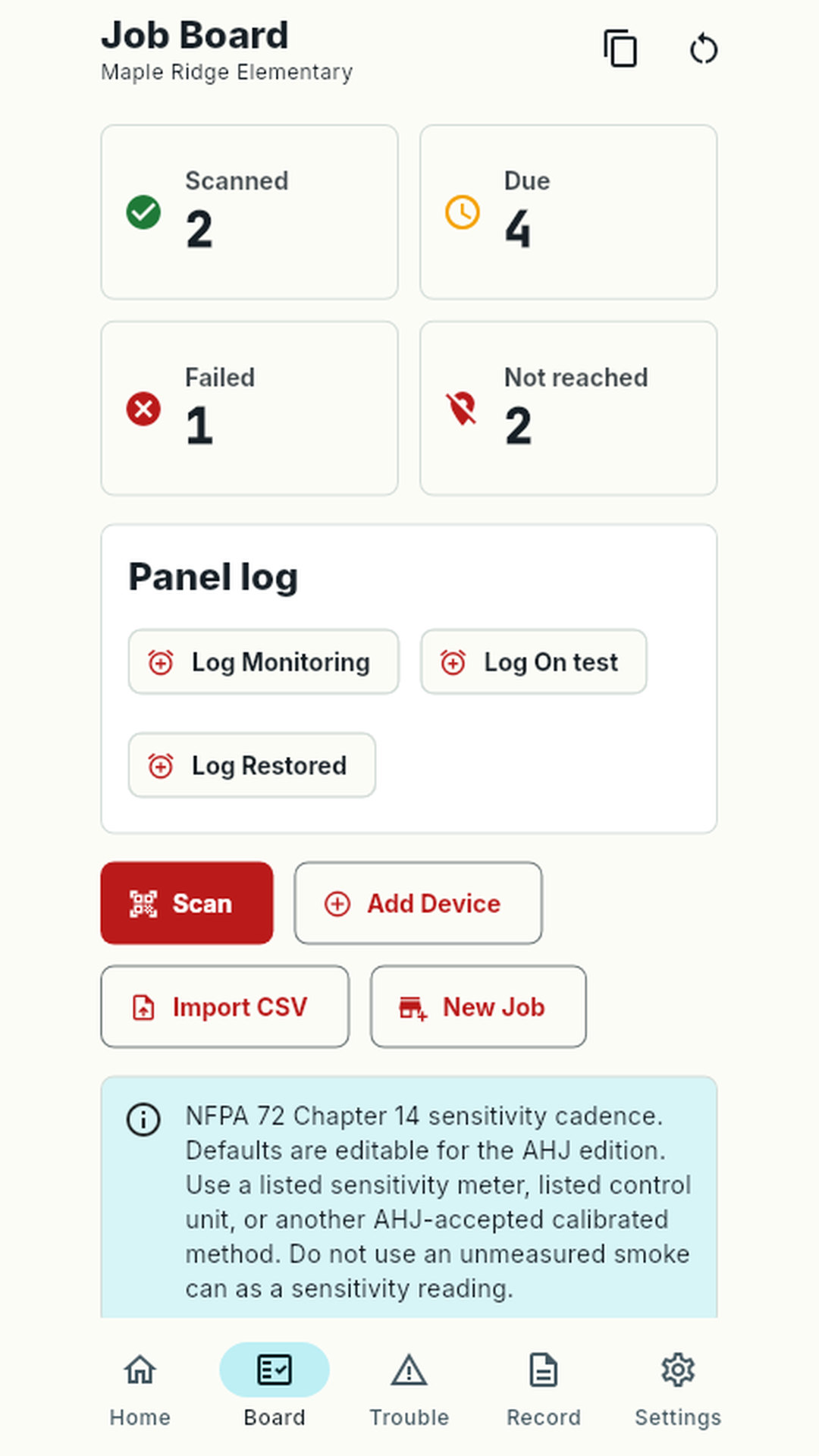 Job Board with scanned, due, failed, and not-reached counters