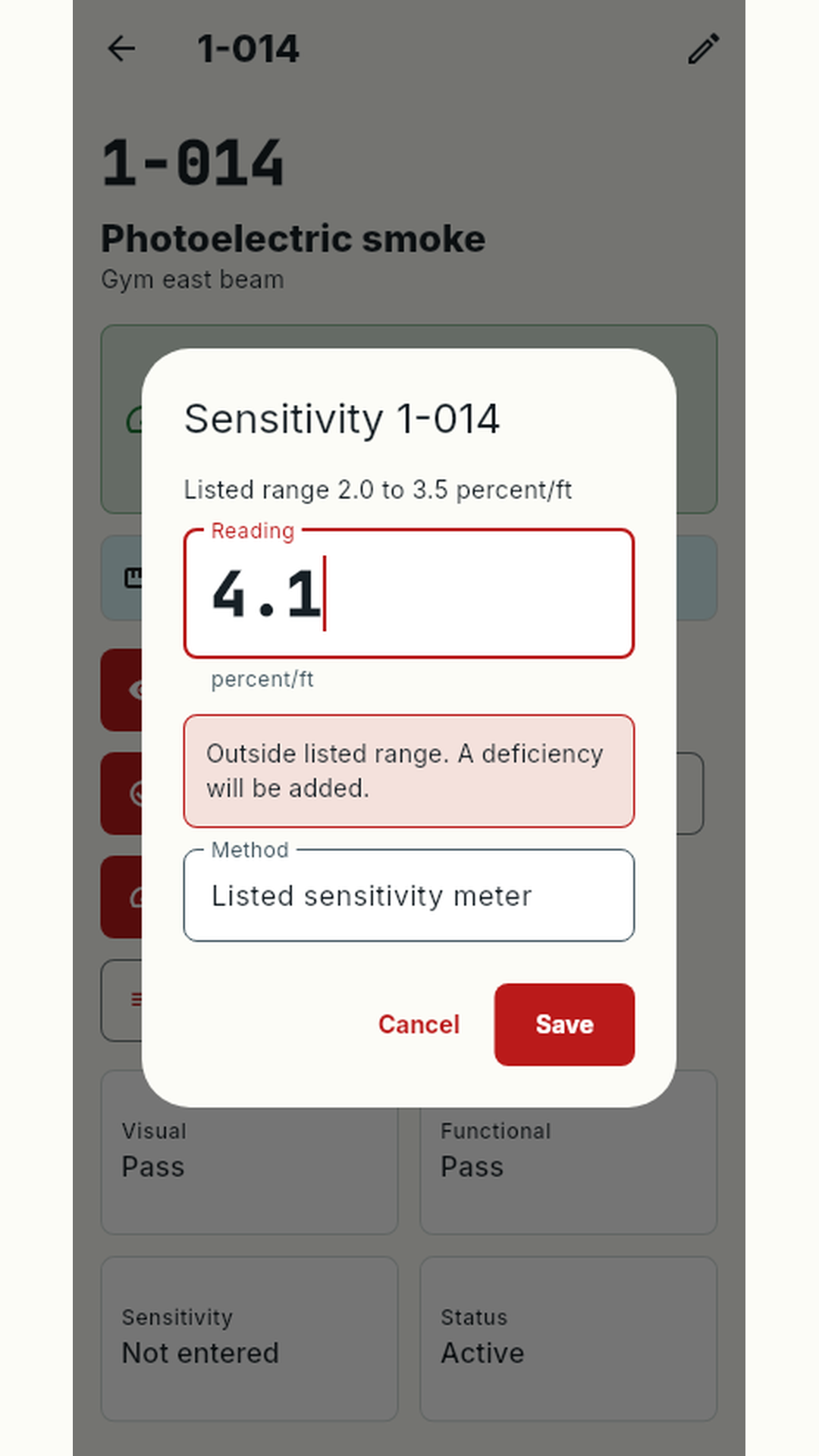 Sensitivity entry screen with range feedback