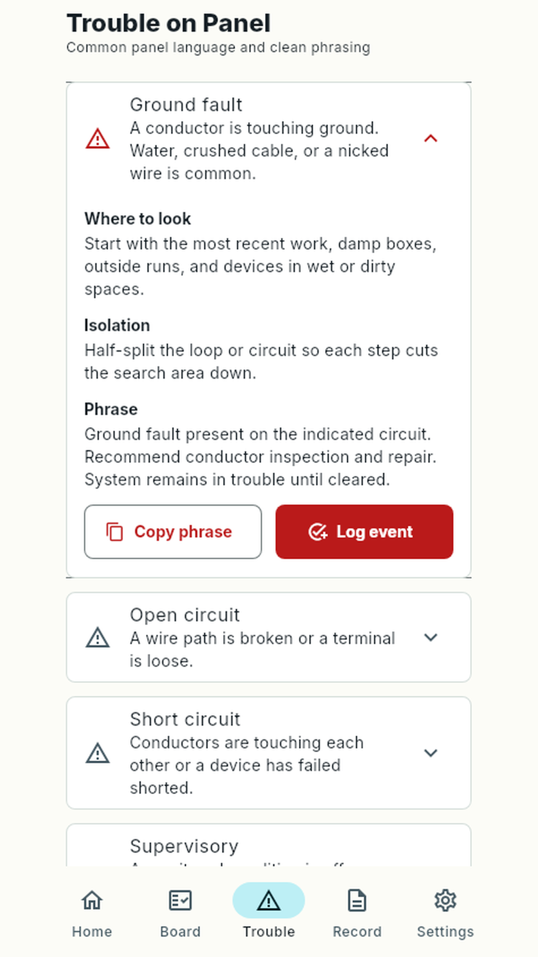 Ground fault trouble detail screen