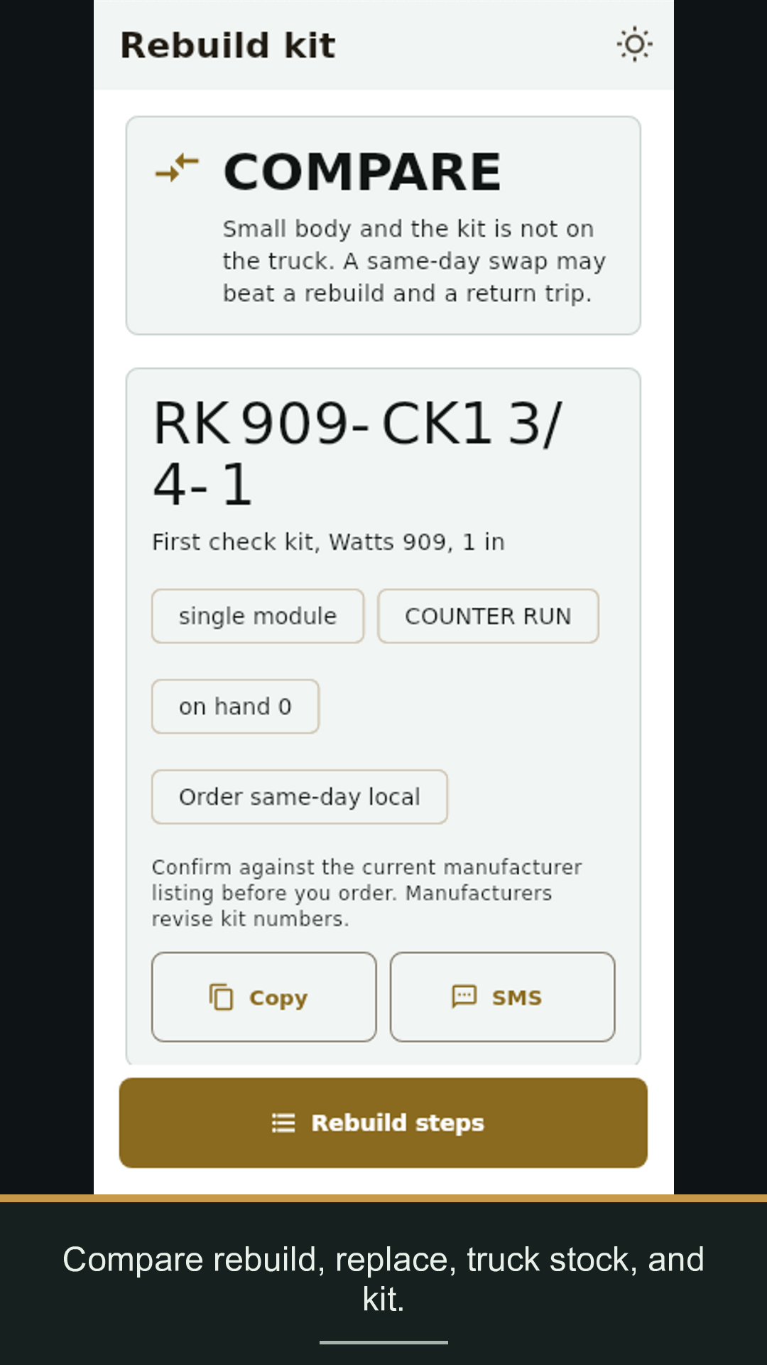 Rebuild kit screen with repair call and kit number