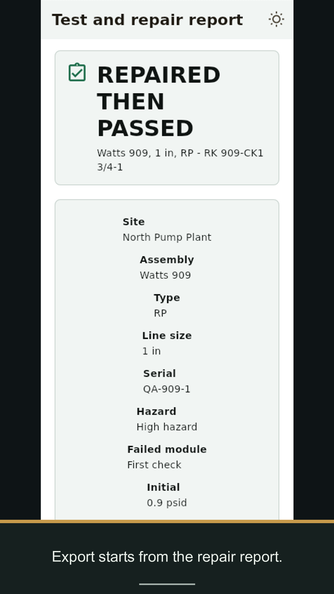 Repair report screen with export section