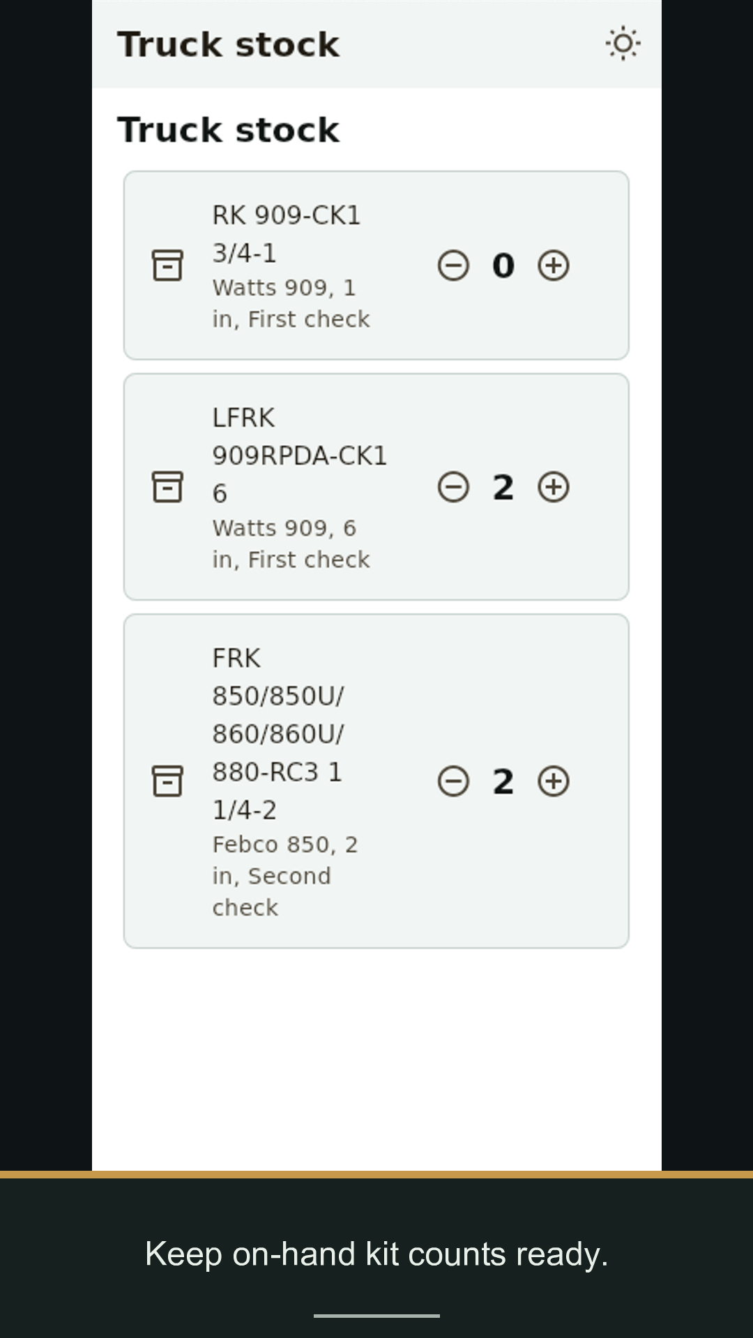Truck stock screen with on-hand kit counts