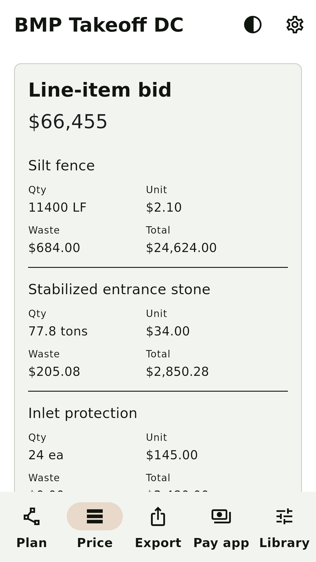 BMP Takeoff DC pricing screen