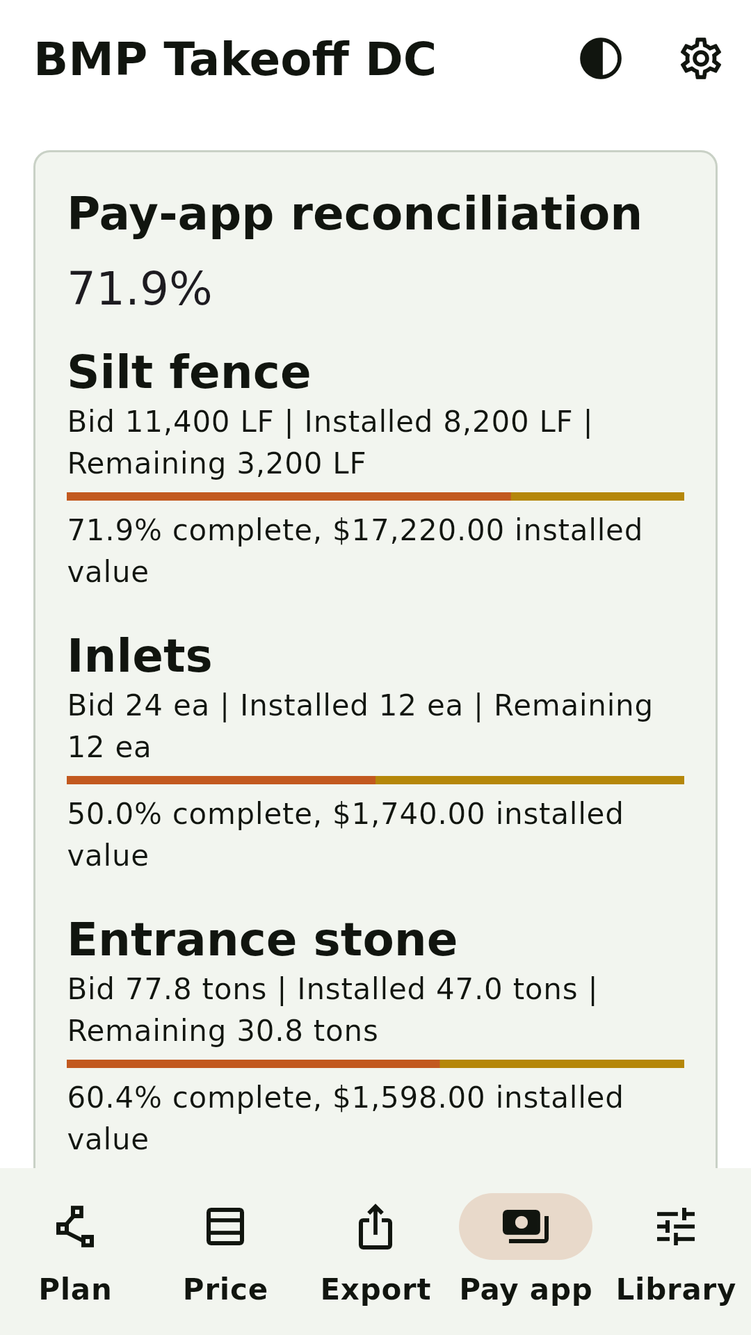 BMP Takeoff DC pay app screen