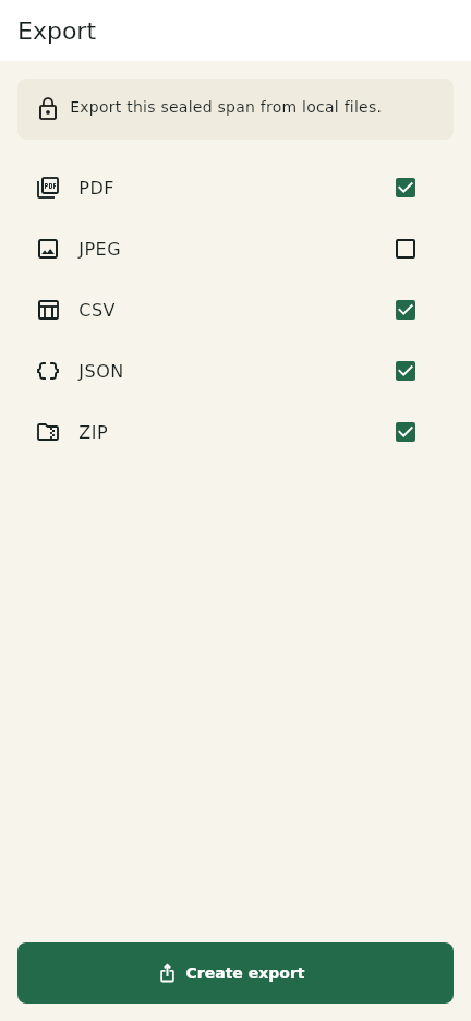 Export screen with PDF JSON JPEG CSV and ZIP choices