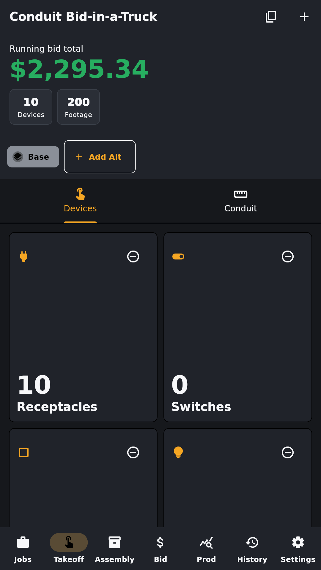 Conduit takeoff screen with devices and conduit tabs