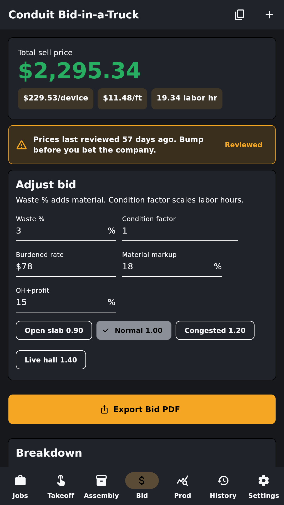 Conduit Bid-in-a-Truck bid total and rate controls