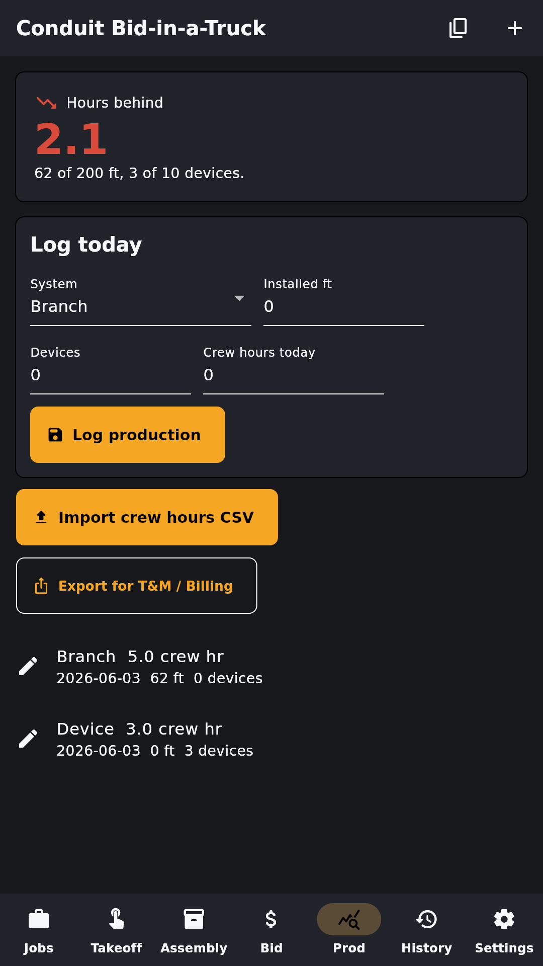 Conduit production earned hours screen