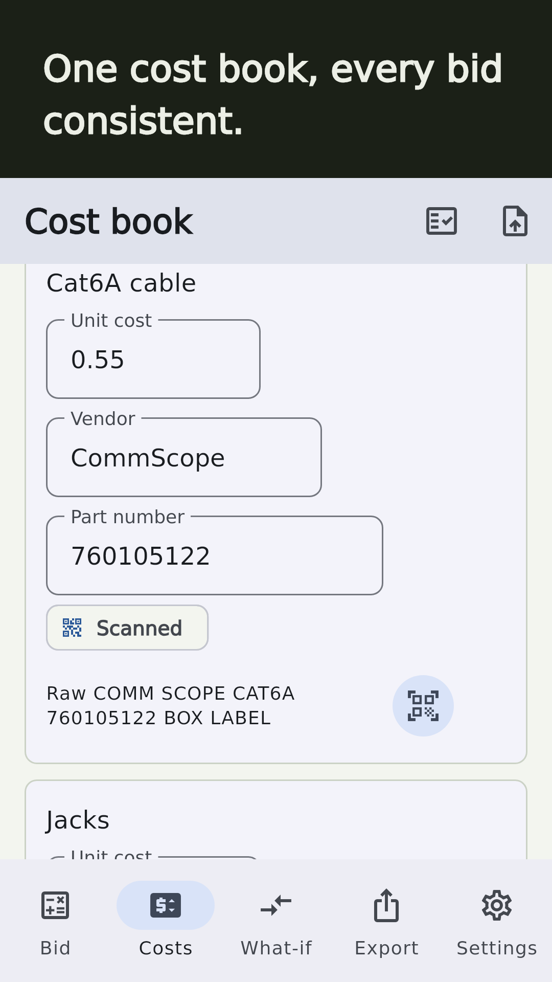 Cost book screen with unit cost, vendor, scanned part number, and scan button