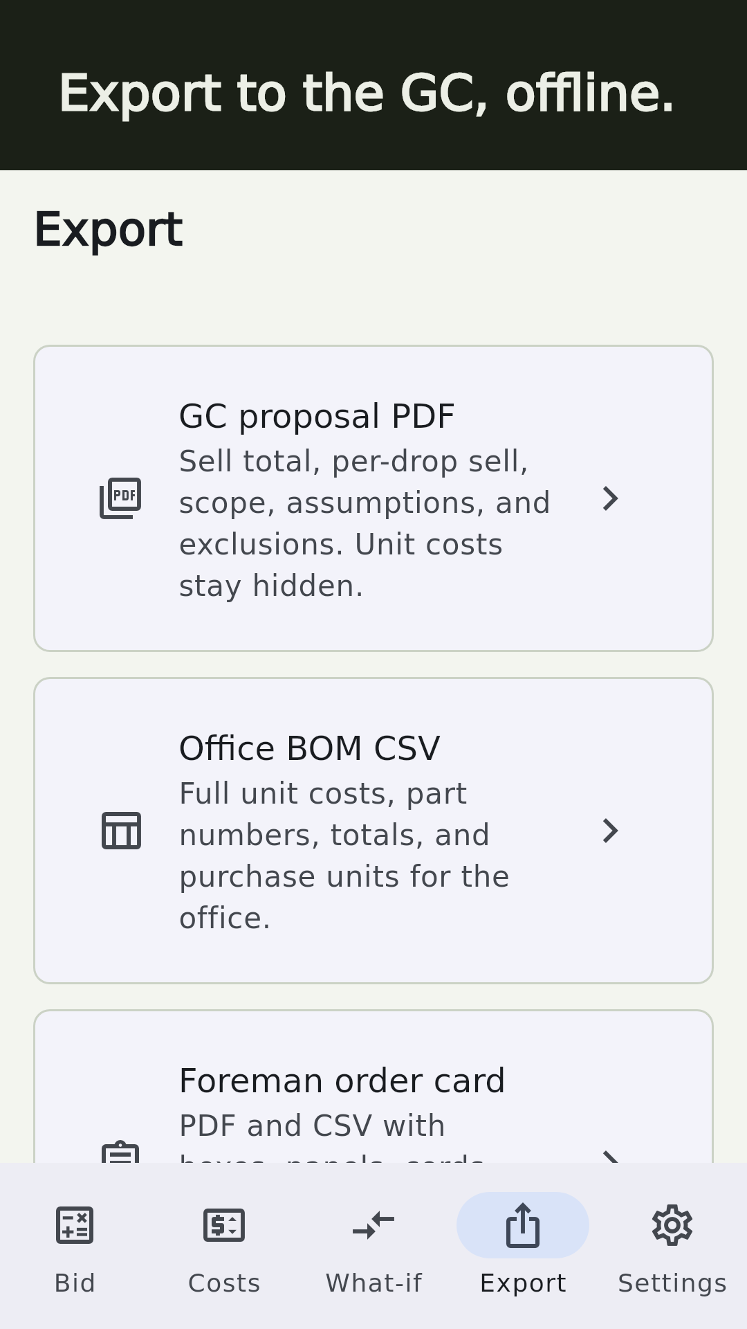 Export screen with GC proposal PDF and office BOM CSV actions