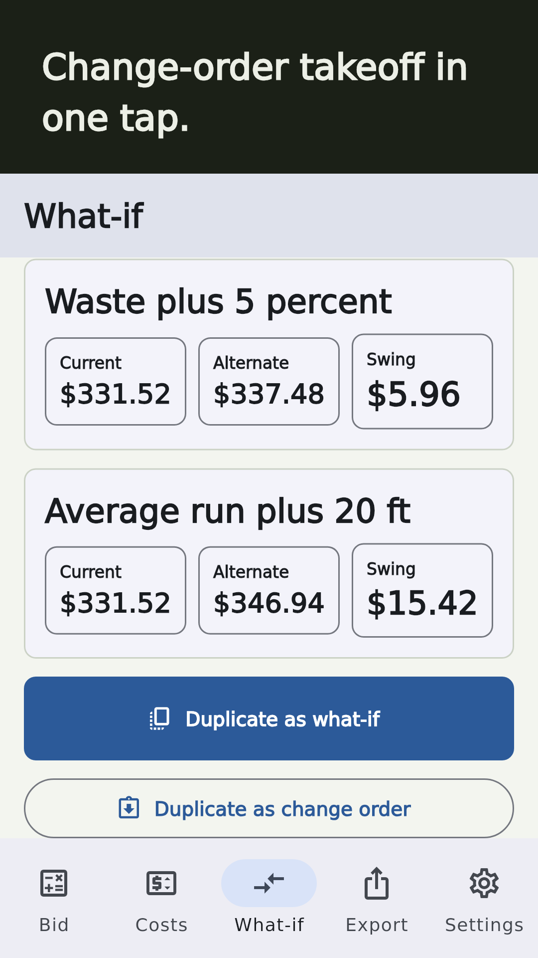 What-if screen comparing waste and run changes with change-order duplicate action