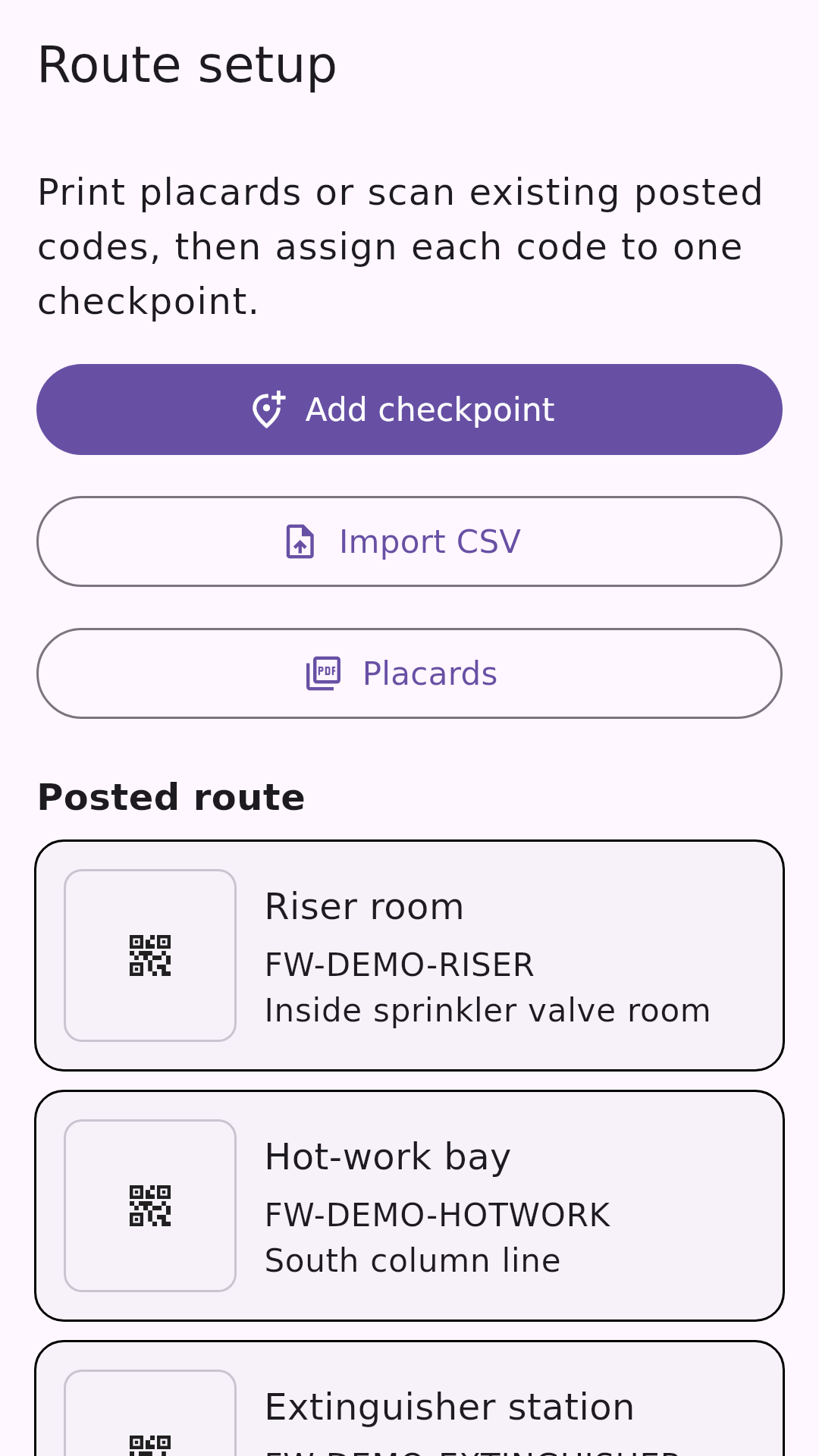 Route setup screen for checkpoints, CSV import, and placards.