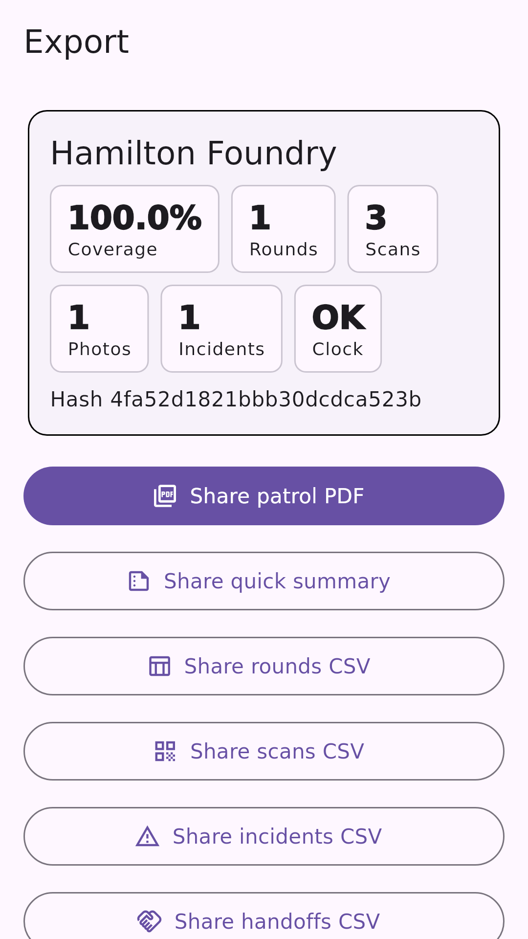 Export screen for patrol PDF, CSV, JSON, photos, and sealed ZIP.