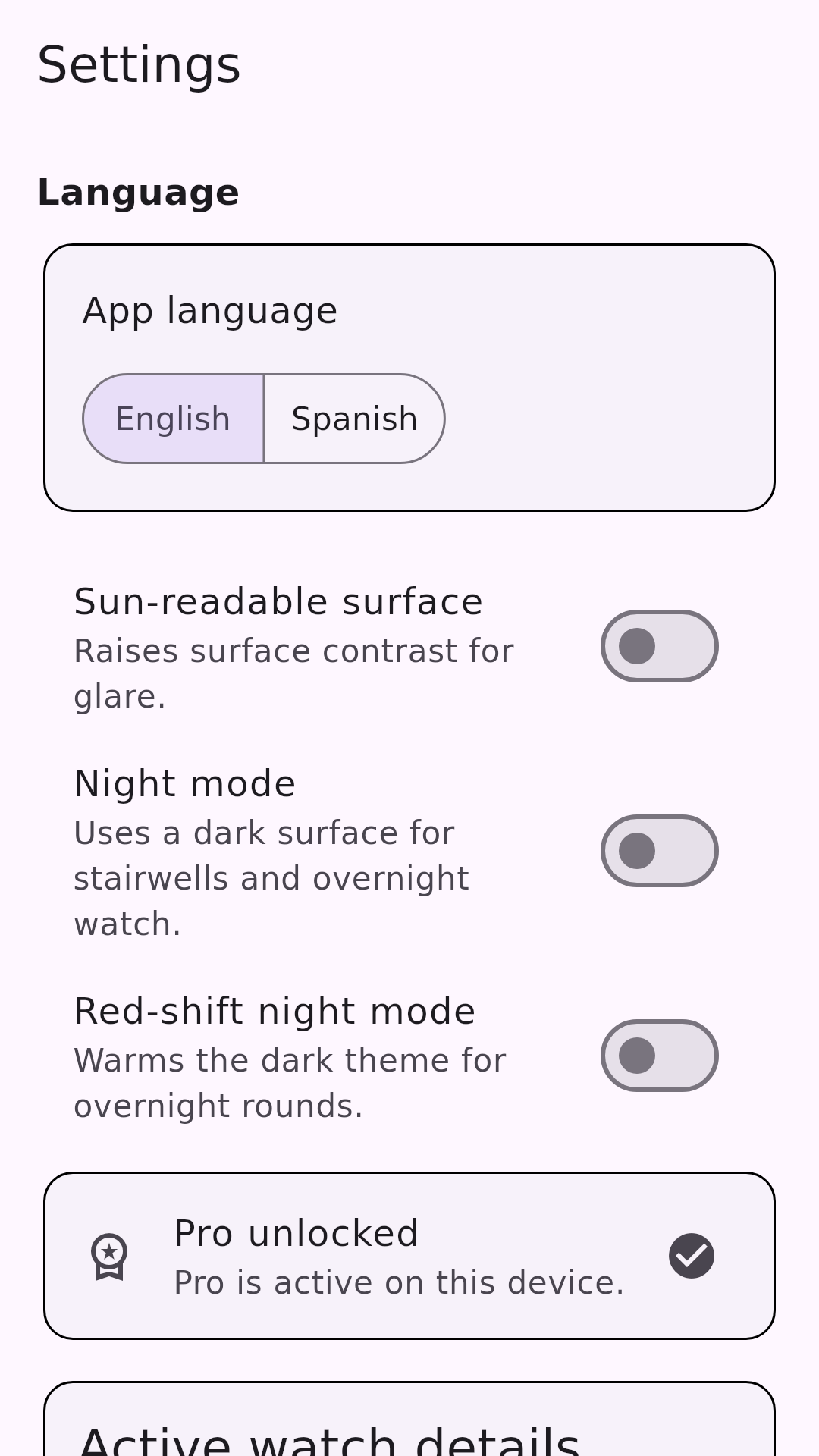 Settings screen with language, high-contrast modes, and Pro status.