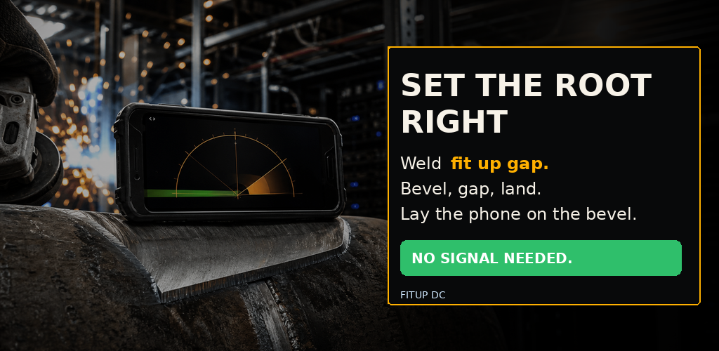 FITUP DC feature graphic showing weld fit up gap, WPS targets, and field export workflow.