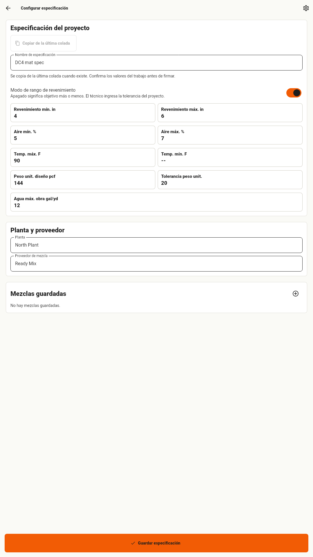 Configuracion de especificacion para revenimiento, aire, temp y peso unitario