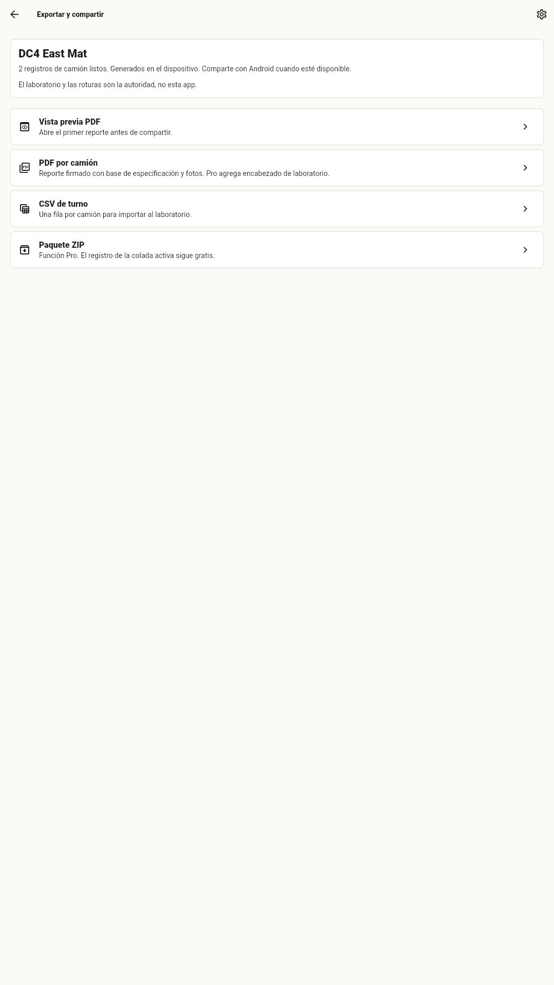 Pantalla de exportacion PDF CSV y ZIP