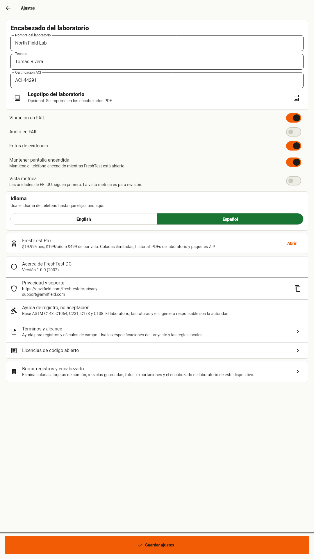 Ajustes de encabezado de laboratorio, fotos y registros