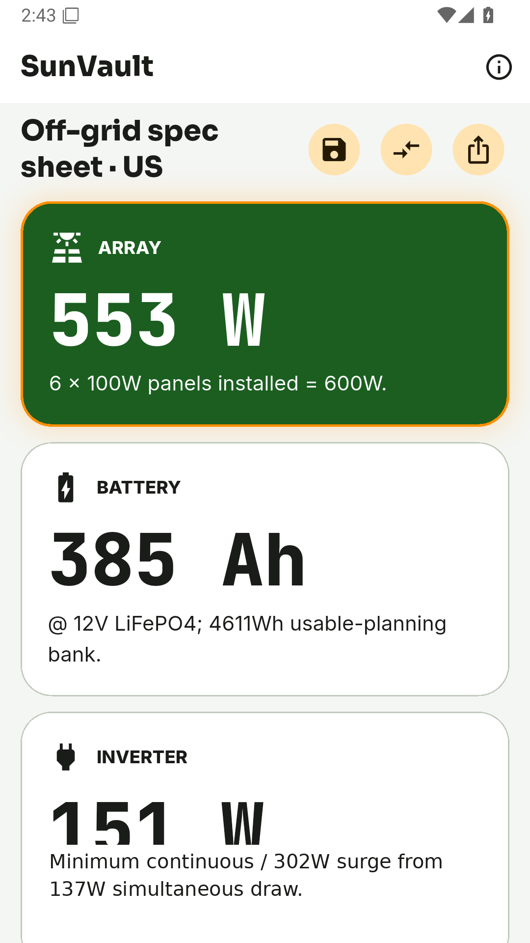 SunVault results screen showing array, battery, inverter, and controller cards.